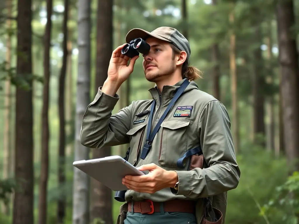 An image depicting a wildlife biologist conducting a population survey in a local forest, using binoculars and recording data on a tablet. The setting should be a serene natural environment.