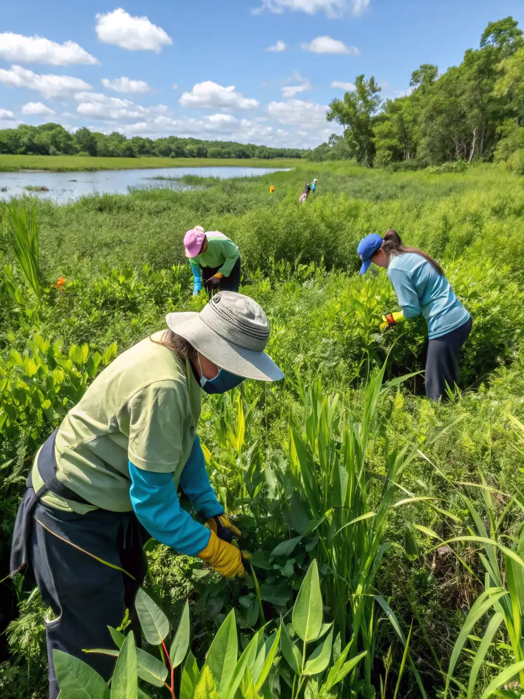 A photograph showing members of the organization removing invasive plant species from a protected area, demonstrating control of harmful species.