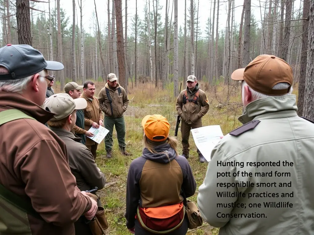 A photograph showing a hunter participating in a training session on responsible hunting practices, led by an experienced conservation officer. The focus is on ethical hunting and wildlife conservation.