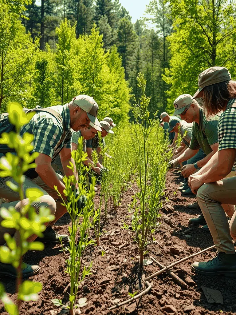 A photograph illustrating the monitoring and control of invasive species, showing members removing harmful plants to protect native ecosystems.