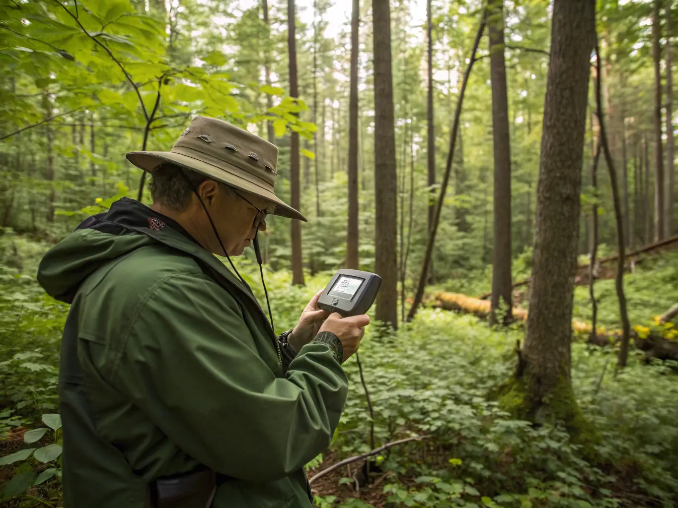 A wildlife biologist conducting a population survey of local game species in Dampniat, using GPS tracking and data analysis.