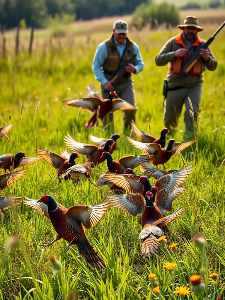A photograph showcasing the breeding and release of pheasants, highlighting the restocking efforts undertaken by SOCIETE COMMUNALE DES CHASSEURS DE DAMPNIAT.
