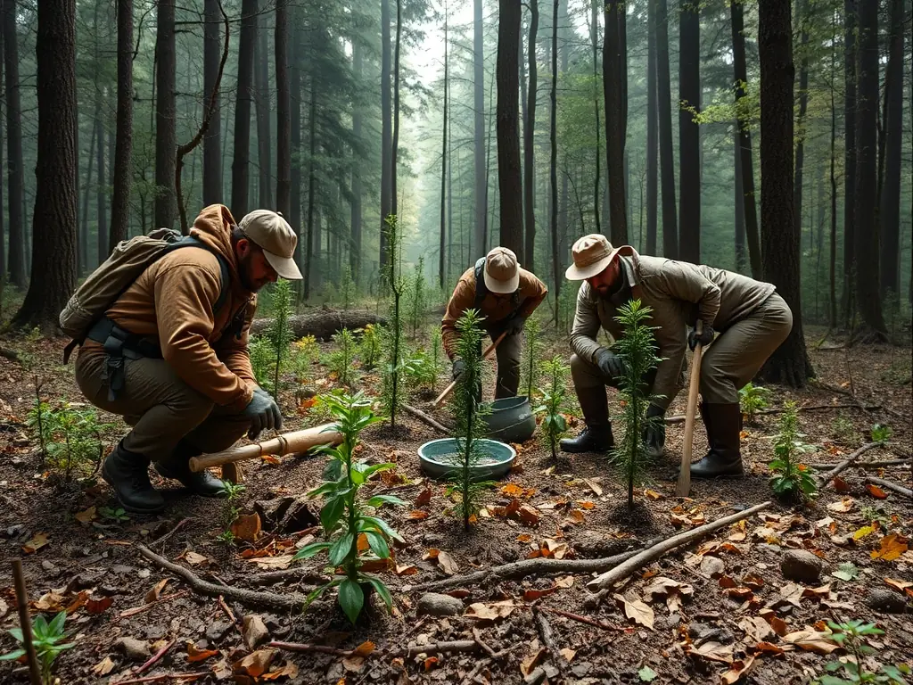 A group of hunters participating in a habitat restoration project, planting native trees and shrubs to improve wildlife habitat in Dampniat.