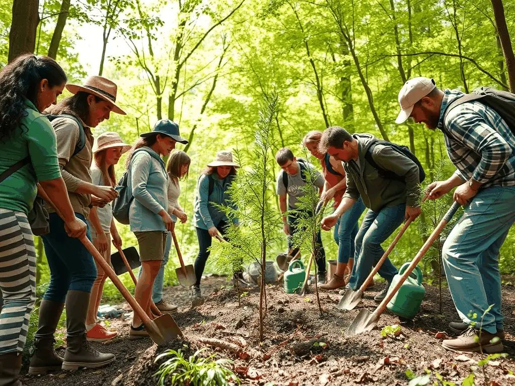 A photograph capturing a group of hunters participating in a habitat restoration project, planting native trees and shrubs to enhance the local ecosystem. The scene should convey a sense of collaboration and environmental stewardship.