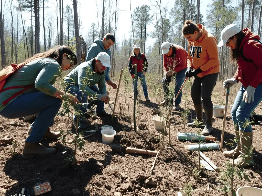 A photograph capturing a group of SOCIETE COMMUNALE DES CHASSEURS DE DAMPNIAT members participating in a habitat restoration project, planting native trees and shrubs to enhance biodiversity.