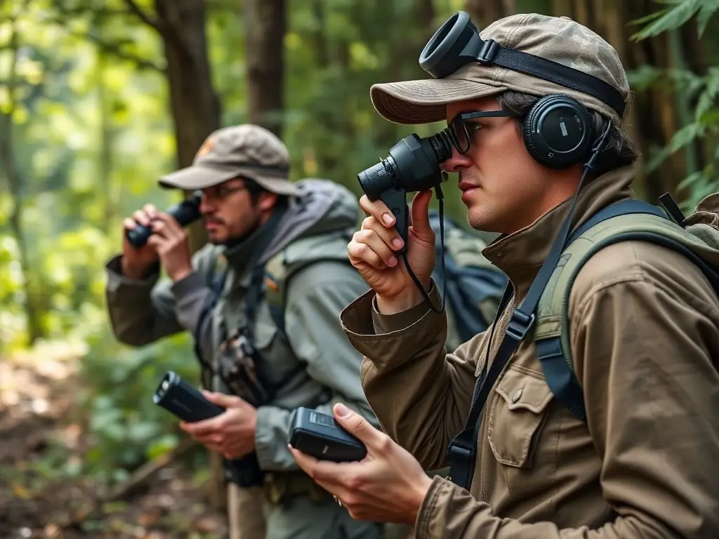 A visually striking image of a wildlife monitoring activity, showing members of SOCIETE COMMUNALE DES CHASSEURS DE DAMPNIAT using tracking devices and cameras to monitor local animal populations.
