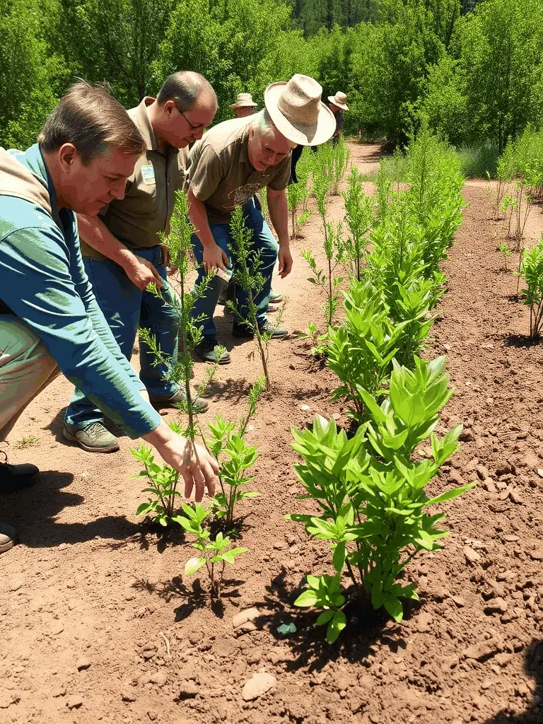 A captivating photograph of volunteers planting native trees and shrubs in a deforested area, illustrating the habitat improvement initiatives undertaken by SOCIETE COMMUNALE DES CHASSEURS DE DAMPNIAT.
