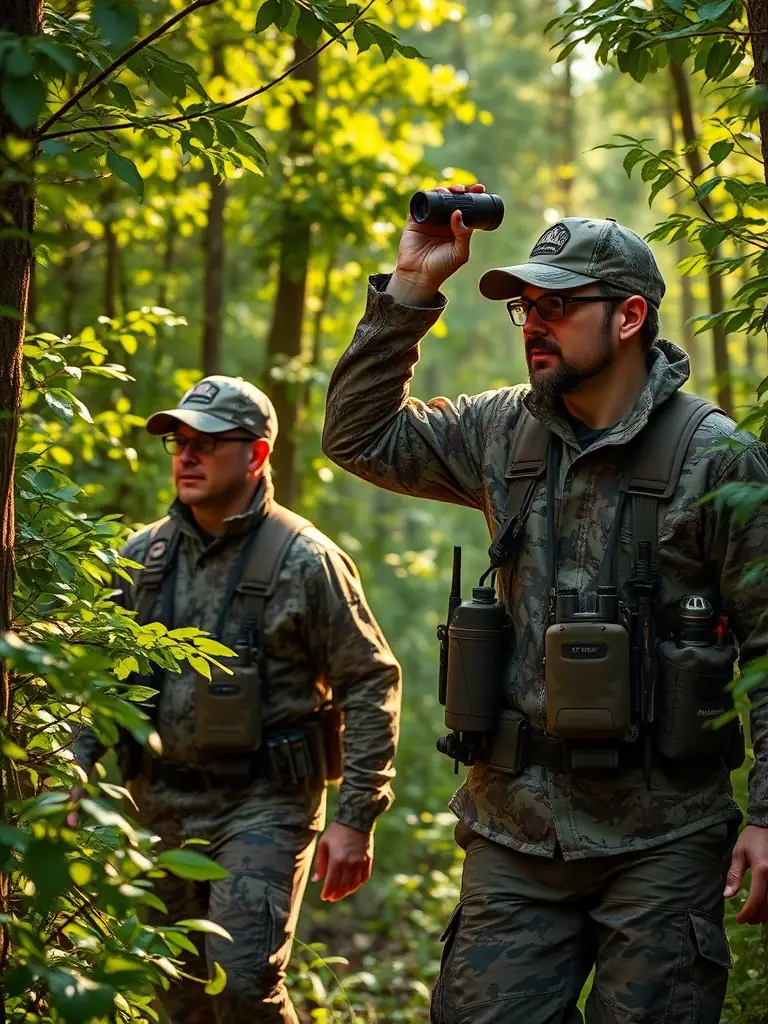 A photograph of SOCIETE COMMUNALE DES CHASSEURS DE DAMPNIAT members conducting an anti-poaching patrol, emphasizing their commitment to wildlife protection.