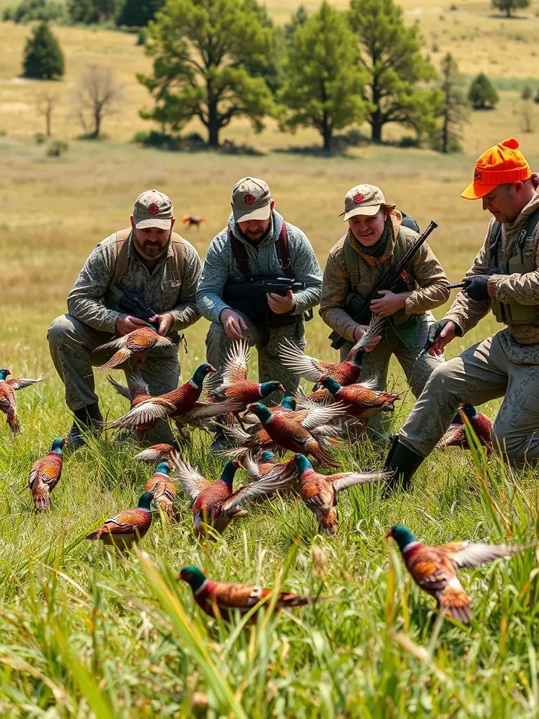 A high-quality photograph depicting a group of hunters releasing pheasants into a managed habitat, showcasing the breeding and restocking program of SOCIETE COMMUNALE DES CHASSEURS DE DAMPNIAT.