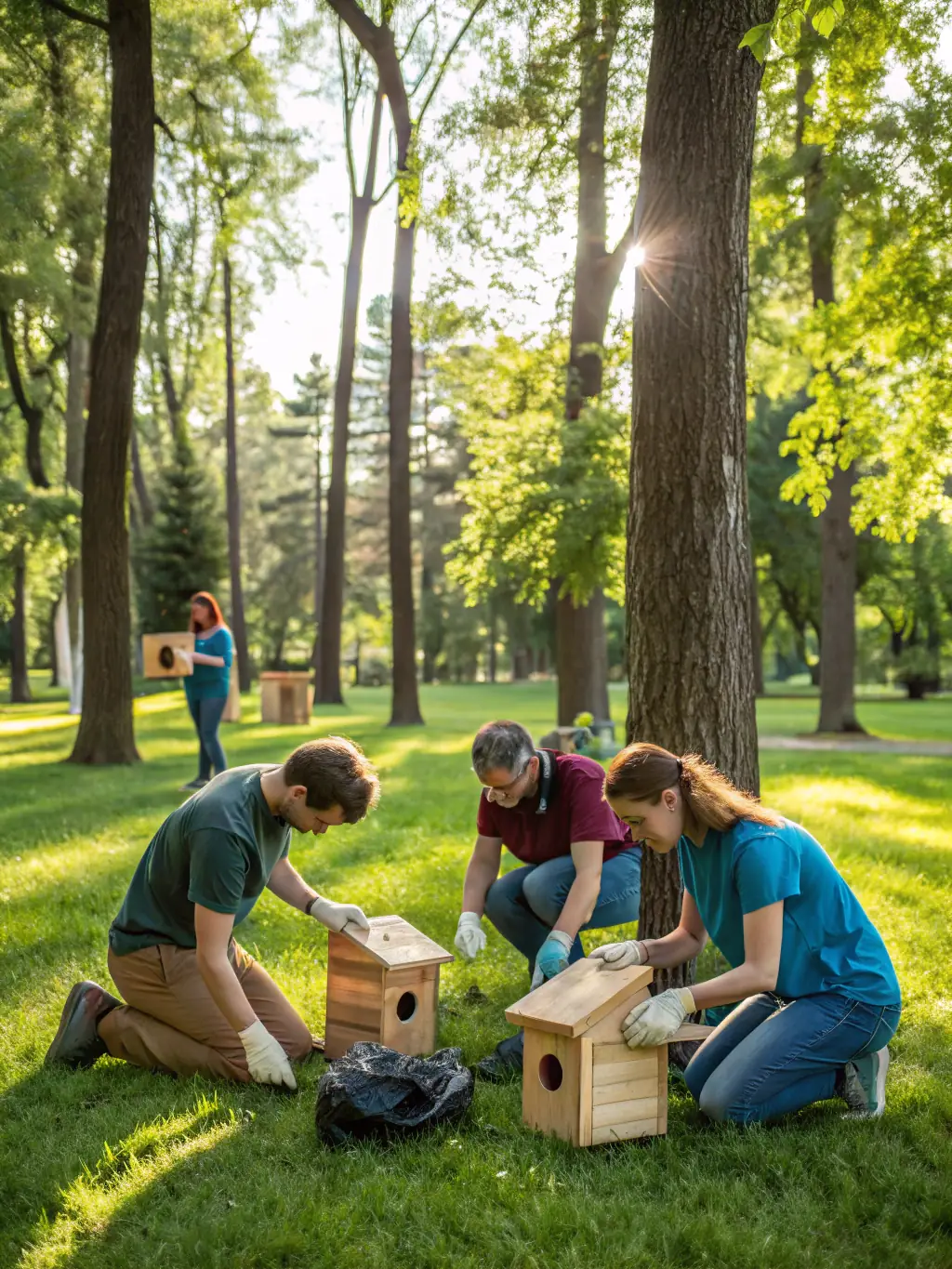A photograph depicting volunteers constructing a new bird nesting box in a forest setting, showcasing habitat improvement efforts.