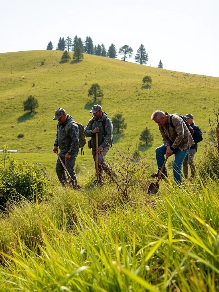 A photograph depicting local hunters participating in a habitat improvement project, clearing brush and planting native vegetation to enhance wildlife habitat in Dampniat.