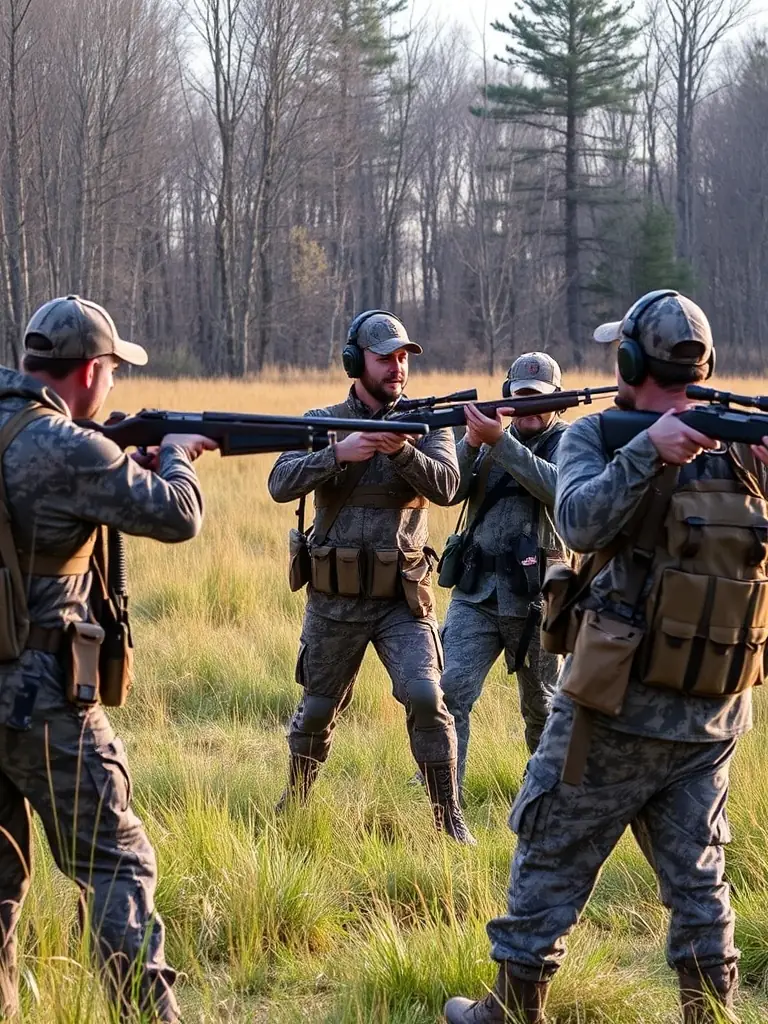 A photograph showing hunters participating in a controlled hunt to manage the population of a specific species, illustrating responsible hunting practices.